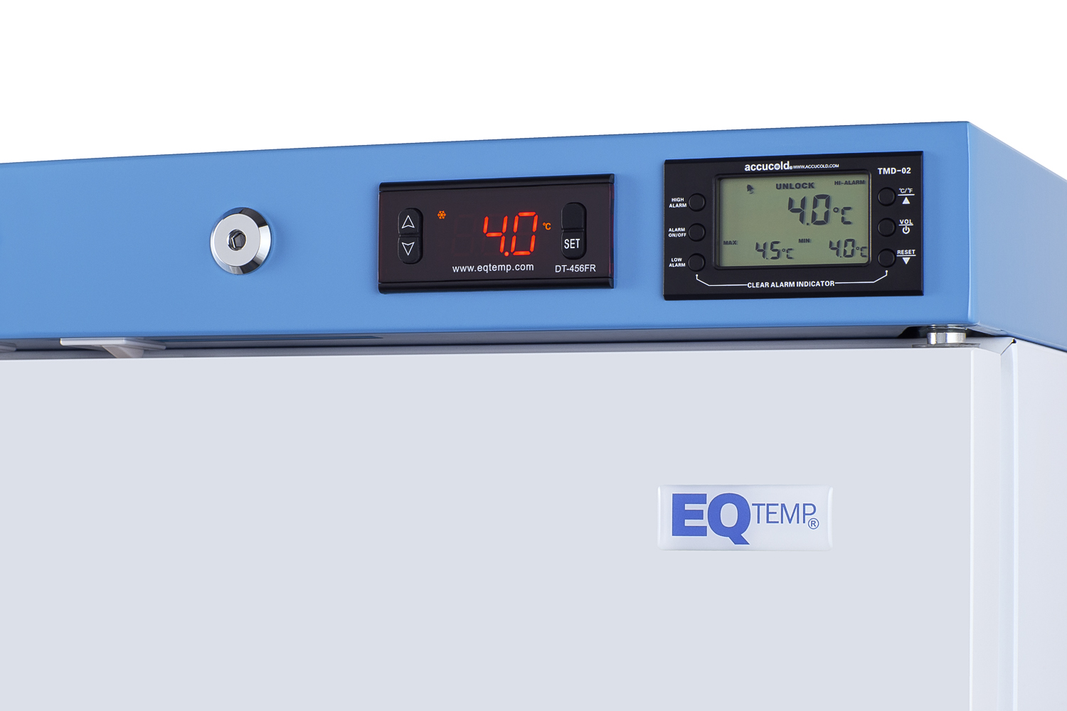 Compact healthcare all-refrigerator certified to NSF/ANSI 456 with self-closing solid door, front lock, digital controls, and NIST-calibrated temperature readout